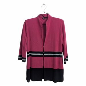 Misook Fuchsia Black Stand Collar Open Front Cardigan Sweater 3/4 Sleeves L